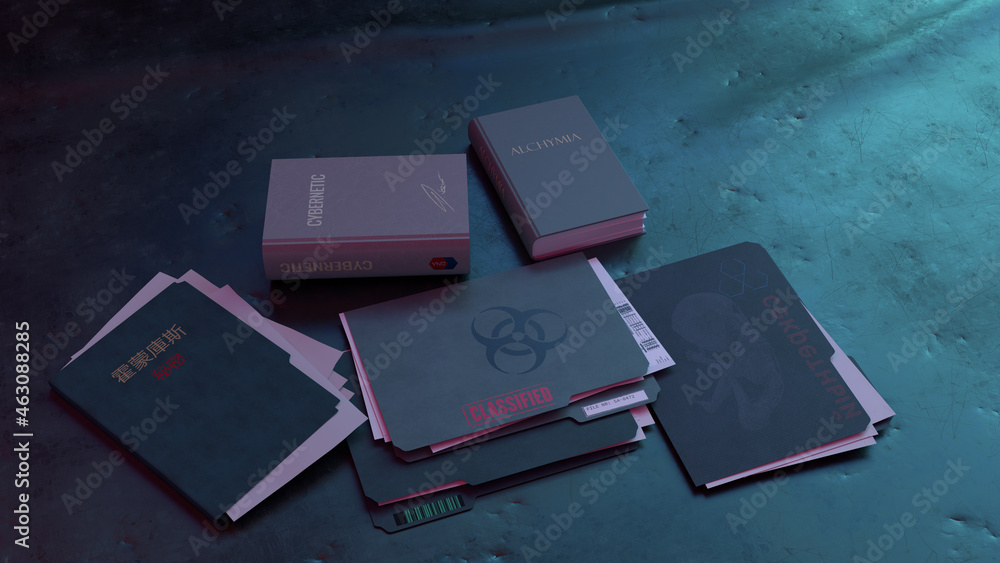 Wissenschaftliche Bücher und Akten auf grünem Metalltisch, beleuchtet | Alchemie / Kybernetik / Biowissenschaften ::: Konzept Art | 3D Render Illustration Wissenschaftliche Bücher und Akten auf grünem Metalltisch, beleuchtet | Alchemie / Kybernetik / Biowissenschaften ::: Konzept Art | 3D Render Illustration