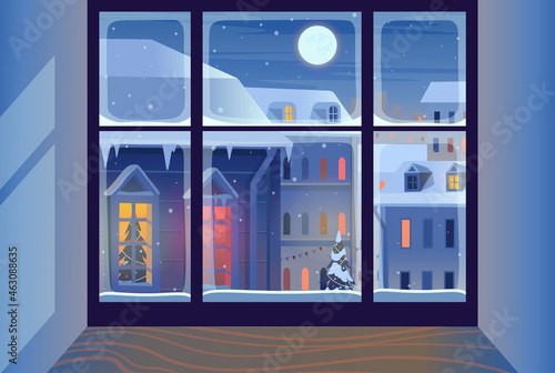 Christmas window with winter landscape. Facades of houses in winter at night. Merry christmas greeting card template. Vector illustration.