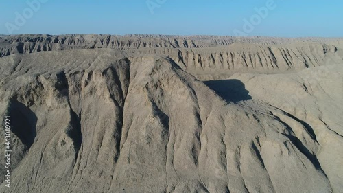 Drone Video Dolly Shot from the formation of great kaluts and sandstones in dasht e lut desert with blue sky, iran photo