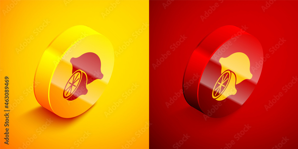 Isometric Lemon icon isolated on orange and red background. Circle button. Vector