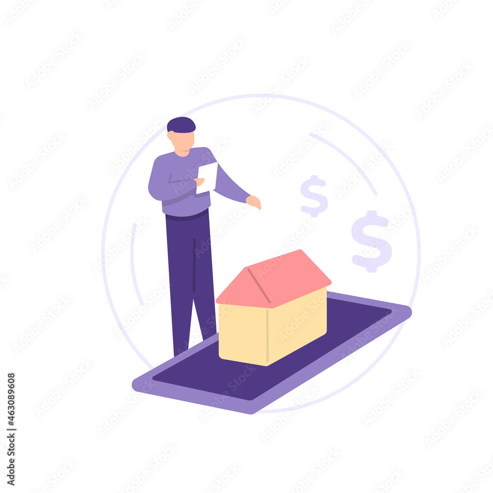 illustration of a businessman choosing a building or house to buy. investment, property business and building rental. selling a house using a smartphone. flat cartoon style. vector design