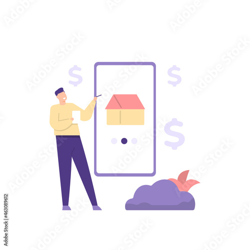 illustration of a businessman choosing a building or house to buy. investment, property business and building rental. selling a house using a smartphone. flat cartoon style. vector design