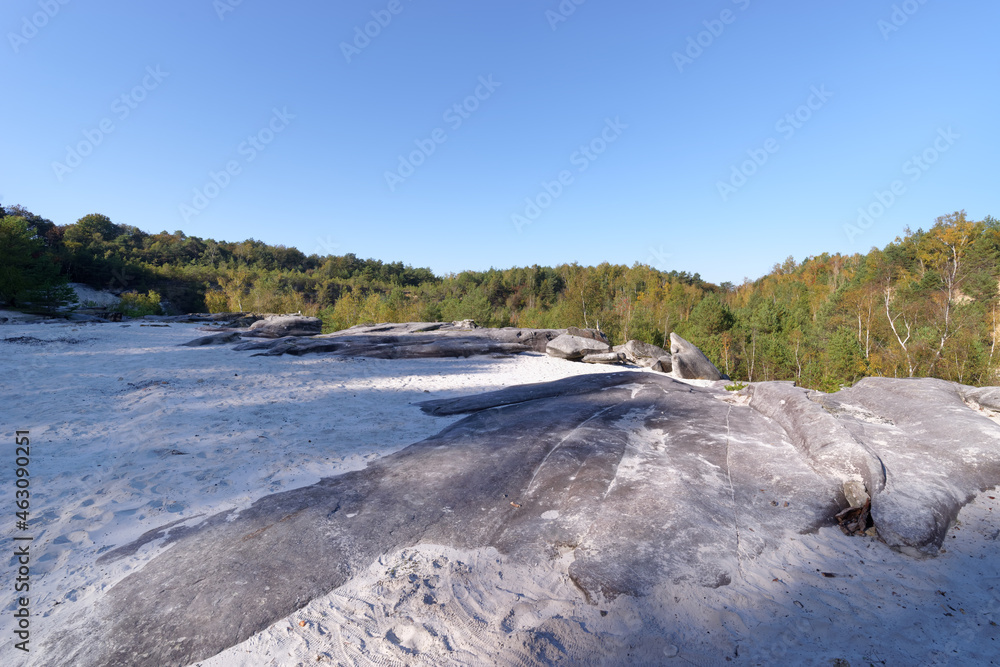 Fototapeta premium White sand of Fontainebleau in the french Gatinais regional nature park. Darvault village