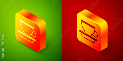 Isometric Coffee cup icon isolated on green and red background. Tea cup. Hot drink coffee. Square button. Vector