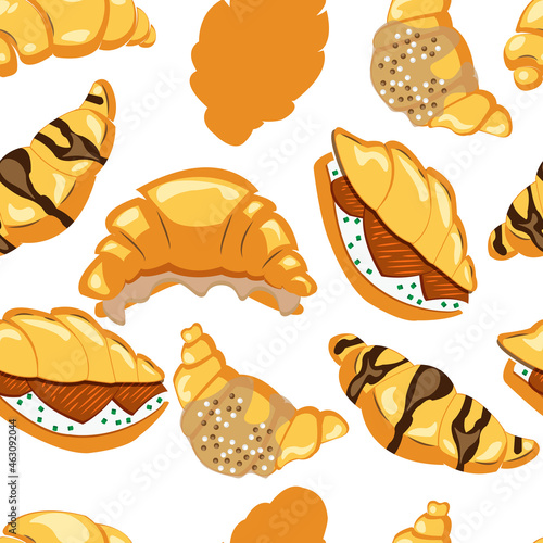 Vector seamless pattern with yellow fresh hot croissants with filling, chocolate