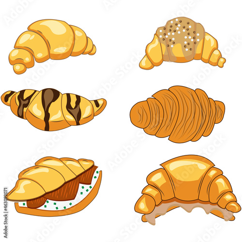 Vector isolated set of flat cartoon hot fresh yellow baked croissants, with filling, chocolate