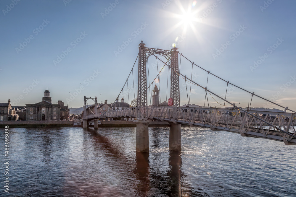 Inverness city with bridge over Ness river in Scotland, United Kingdom of Great Britain and Northern Ireland