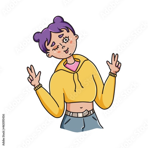 Girl show tongue and victory hand.vector illustration young woman