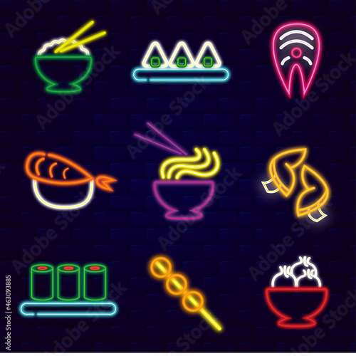 Set of neon signs with asian food. Neon banners