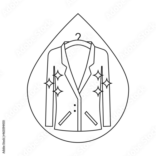 Dry cleaning clothes and laundry icon and symbol. A clean suit jacket hangs on a hanger. Outline linear vector illustration and clipart on white background.