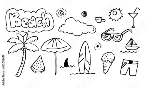 Summer beach hand drawn vector objects and symbols and other elements