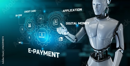 E-payment digital money internet banking. Robot pressing button on screen 3d render.