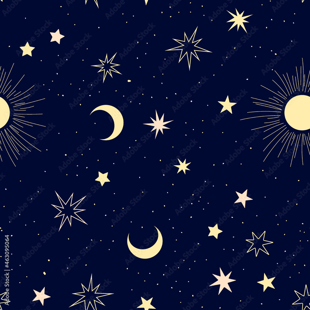 Seamless pattern with stars, moon and sun isolated on blue background.
