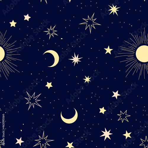 Seamless pattern with stars, moon and sun isolated on blue background. © Nataliia Pyzhova