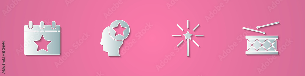 Set paper cut Calendar with date July 4, USA Head, Firework and Drum and drum sticks icon. Paper art style. Vector Set paper cut Calendar with date July 4, USA Head, Firework and Drum and drum sticks icon. Paper art style. Vector