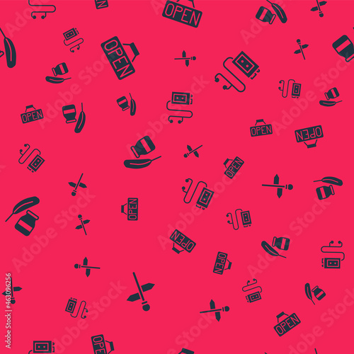 Set Road traffic signpost, Hanging with Open, Feather and inkwell and Museum audio guide on seamless pattern. Vector