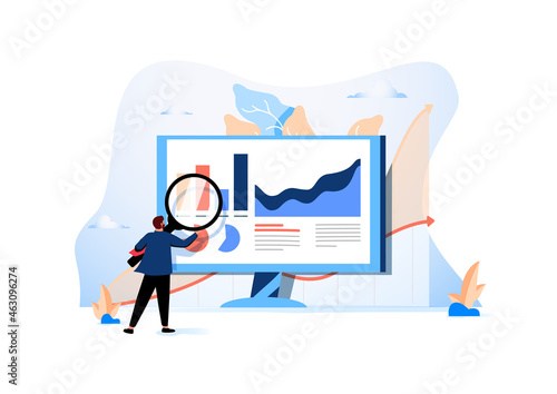 Analyst with loupe looking at diagram or trend on computer screen. Concept of web analytics, statistical analysis.