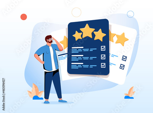 A cute cartoon guy and rating cards. Choosing the right tariff plan, pricing table, evaluating, and determining the best