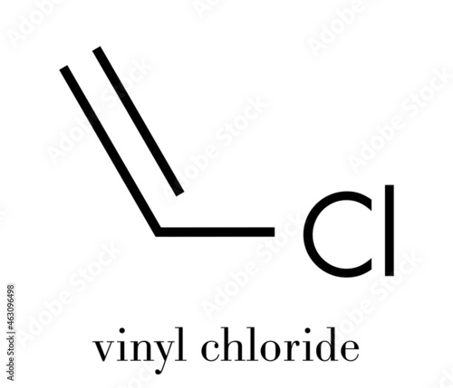 Vinyl chloride, polyvinyl chloride (PVC) plastic building block. Skeletal formula.