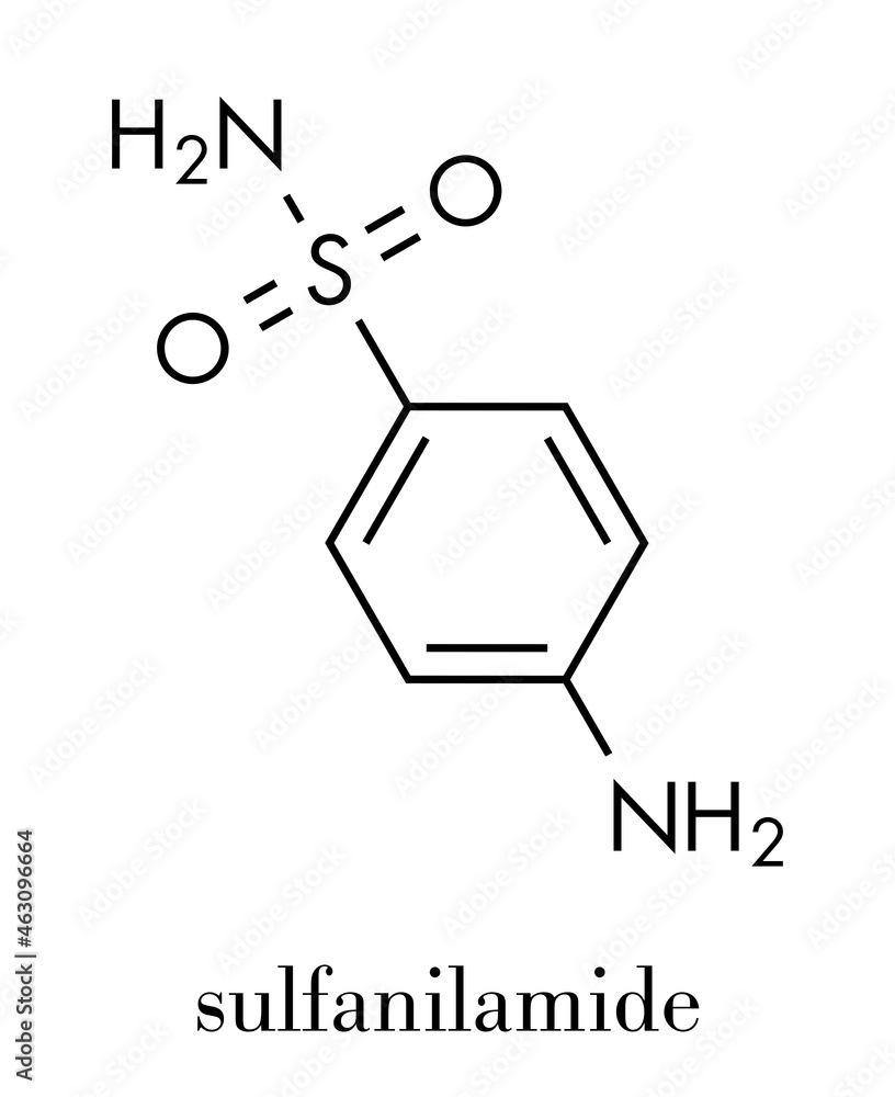Sulfanilamide (sulphanilamide) sulfonamide antibiotic molecule. One of the first antibiotics discovered. Skeletal formula. Sulfanilamide (sulphanilamide) sulfonamide antibiotic molecule. One of the first antibiotics discovered. Skeletal formula.