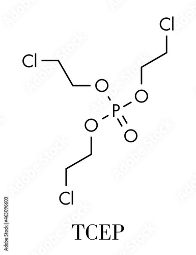 TCEP [tris(2-chloroethyl) phosphate] molecule. Used as flame retardant and plasticizer in production of polymers. Suspected to have toxic effect on reproduction. Skeletal formula.