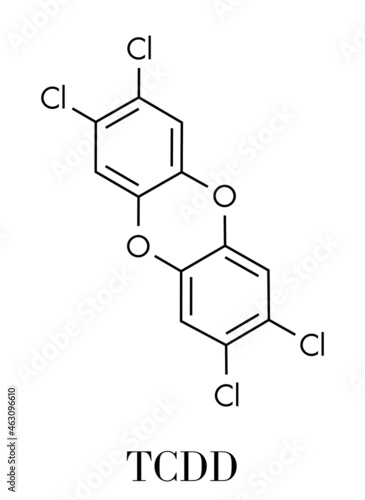 TCDD polychlorinated dibenzodioxin pollutant molecule (commonly called dioxin). Byproduct formed during incineration of chlorine-containing materials. Skeletal formula.