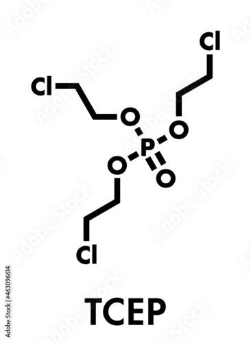 TCEP [tris(2-chloroethyl) phosphate] molecule. Used as flame retardant and plasticizer in production of polymers. Suspected to have toxic effect on reproduction. Skeletal formula.