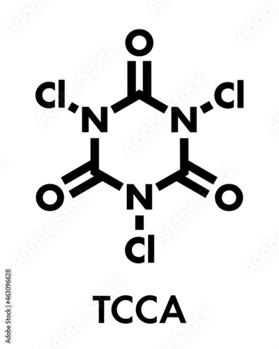 Trichloroisocyanuric acid (TCCA) molecule. Used as swimming pool disinfectant, in civil sanitation, as bleaching agent, etc. Skeletal formula.