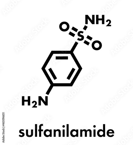 Sulfanilamide (sulphanilamide) sulfonamide antibiotic molecule. One of the first antibiotics discovered. Skeletal formula.