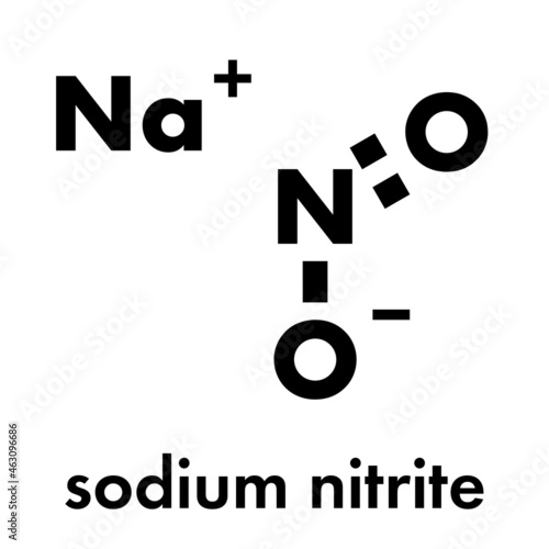 Sodium nitrite, chemical structure. Used in the curing of meat. Skeletal formula.