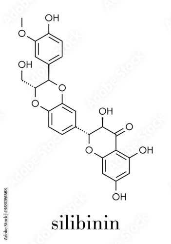 Silibinin (silybin) milk thistle molecule. Major constituent of silymarin, has liver protecting properties. Skeletal formula.