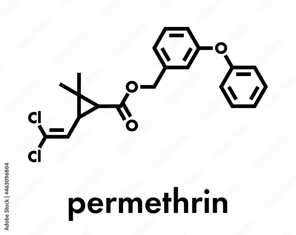 Permethrin pyrethroid insecticide. Used to treat scabies and head lice in humans. Used to impregnate mosquito nets and in flea collars for dogs. Skeletal formula. Permethrin pyrethroid insecticide. Used to treat scabies and head lice in humans. Used to impregnate mosquito nets and in flea collars for dogs. Skeletal formula.