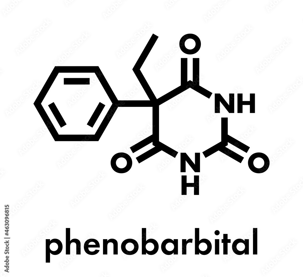 Phenobarbital barbiturate anticonvulsant (epilepsy drug), chemical structure Skeletal formula. Phenobarbital barbiturate anticonvulsant (epilepsy drug), chemical structure Skeletal formula.
