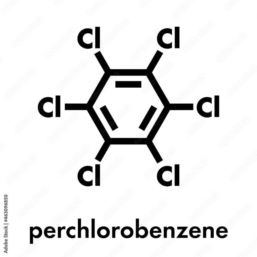 Hexachlorobenzene (perchlorobenzene, HCB) banned fungicide molecule. Persistent Organic Pollutant and probable human carcinogen Skeletal formula. Hexachlorobenzene (perchlorobenzene, HCB) banned fungicide molecule. Persistent Organic Pollutant and probable human carcinogen Skeletal formula.