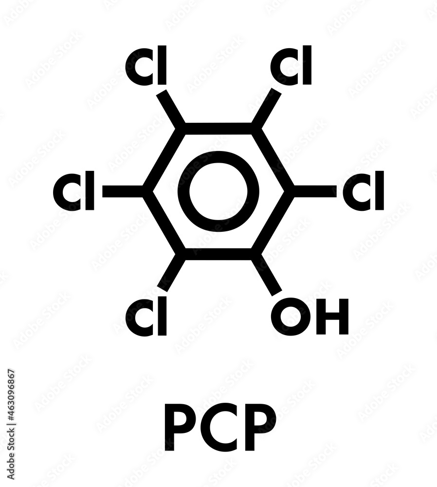 Pentachlorophenol (PCP) pesticide and disinfectant molecule. Often used for wood preservation. Skeletal formula. Pentachlorophenol (PCP) pesticide and disinfectant molecule. Often used for wood preservation. Skeletal formula.
