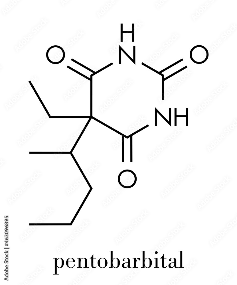 Pentobarbital (pentobarbitone) barbiturate sedative, chemical structure Skeletal formula. Pentobarbital (pentobarbitone) barbiturate sedative, chemical structure Skeletal formula.