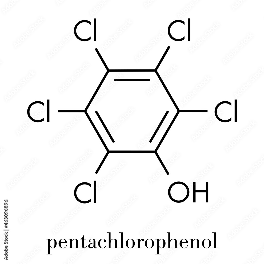Pentachlorophenol (PCP) pesticide and disinfectant molecule. Often used for wood preservation. Skeletal formula. Pentachlorophenol (PCP) pesticide and disinfectant molecule. Often used for wood preservation. Skeletal formula.