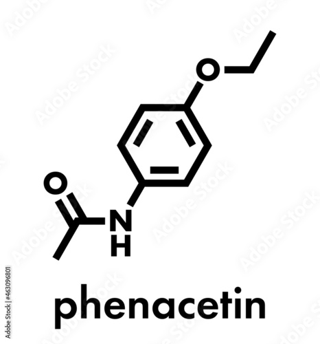Phenacetin banned painkiller drug. Found to cause cancer and kidney damage. Skeletal formula.
