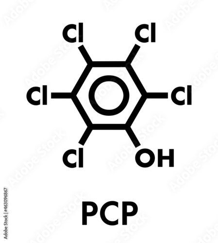 Pentachlorophenol (PCP) pesticide and disinfectant molecule. Often used for wood preservation. Skeletal formula.