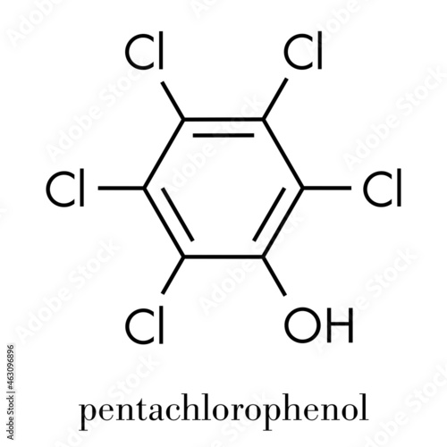 Pentachlorophenol (PCP) pesticide and disinfectant molecule. Often used for wood preservation. Skeletal formula.