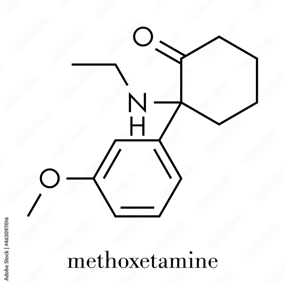 Methoxetamine (MXE) recreational designer drug, chemical structure. Skeletal formula. Methoxetamine (MXE) recreational designer drug, chemical structure. Skeletal formula.