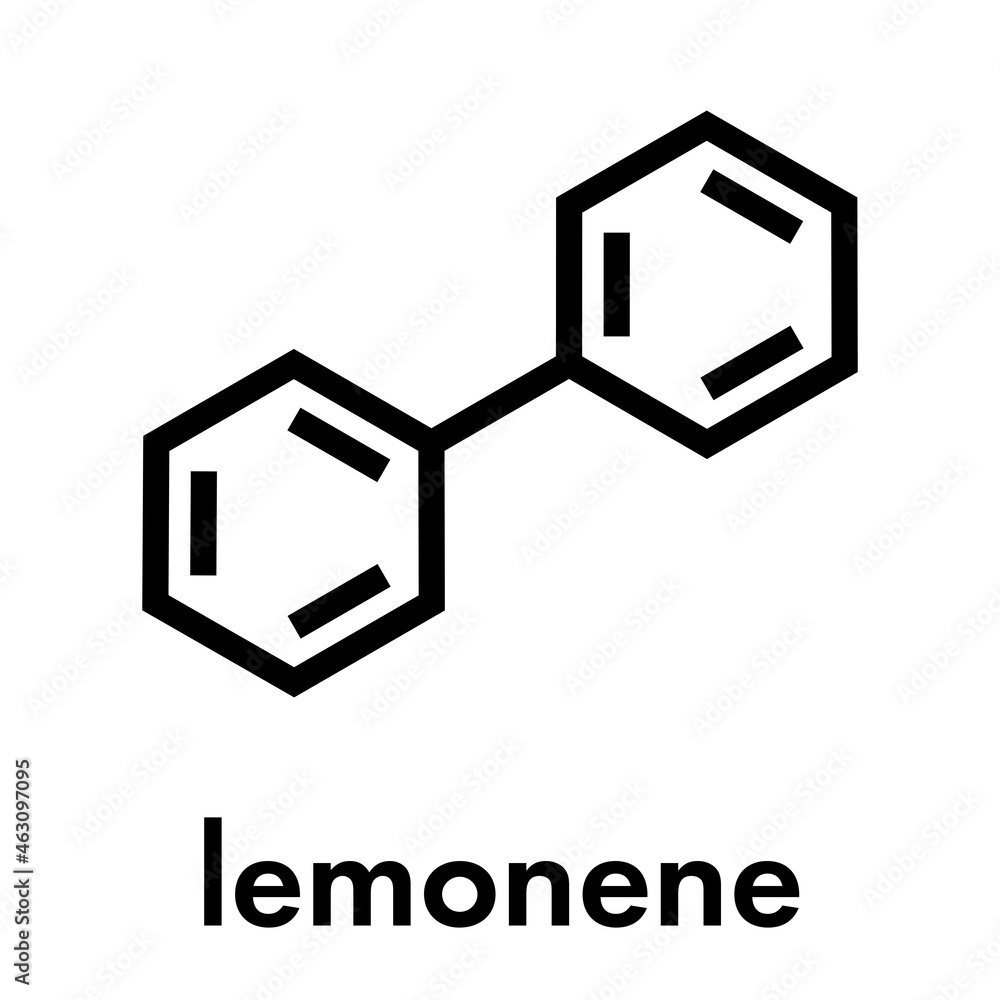 Lemonene (biphenyl, diphenyl) preservative molecule. Skeletal formula. Lemonene (biphenyl, diphenyl) preservative molecule. Skeletal formula.