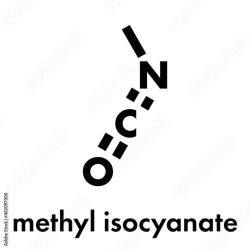 Methyl isocyanate (MIC) toxic molecule. Important chemical that was responsible for thousands of deaths in the Bhopal disaster. Skeletal formula.