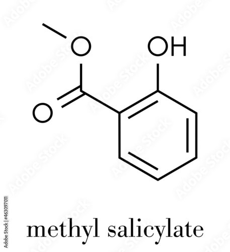 Methyl salicylate (wintergreen oil) molecule. Acts as rubefacient. Used as flavoring agent and fragrance. Skeletal formula.