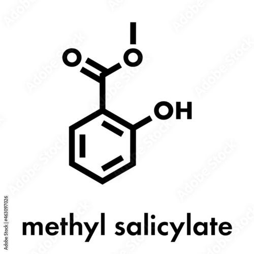 Methyl salicylate (wintergreen oil) molecule. Acts as rubefacient. Used as flavoring agent and fragrance. Skeletal formula.