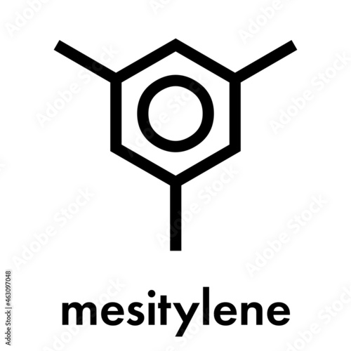 Mesitylene aromatic hydrocarbon molecule. Important solvent in chemical industry and volatile organic compound (VOC) pollutant in the environment. Skeletal formula.