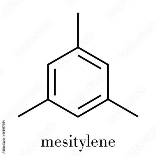 Mesitylene aromatic hydrocarbon molecule. Important solvent in chemical industry and volatile organic compound (VOC) pollutant in the environment. Skeletal formula.