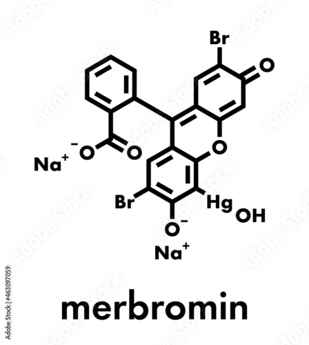 Merbromin topical antiseptic molecule. Used to treat wounds. Contains mercury. Skeletal formula.