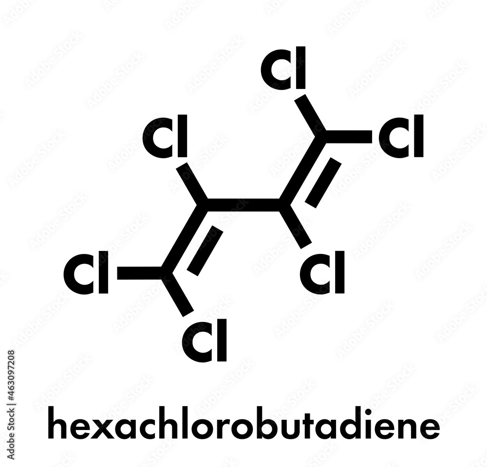 Hexachlorobutadiene (HBCD) solvent molecule. Also used as algicide and herbicide. Skeletal formula. Hexachlorobutadiene (HBCD) solvent molecule. Also used as algicide and herbicide. Skeletal formula.