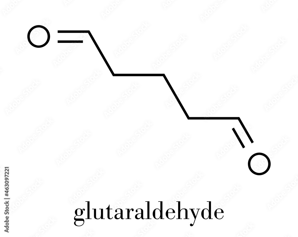 Glutaraldehyde (glutaral) disinfectant molecule. Used in disinfection of medical devices and surgical instruments. Skeletal formula. Glutaraldehyde (glutaral) disinfectant molecule. Used in disinfection of medical devices and surgical instruments. Skeletal formula.